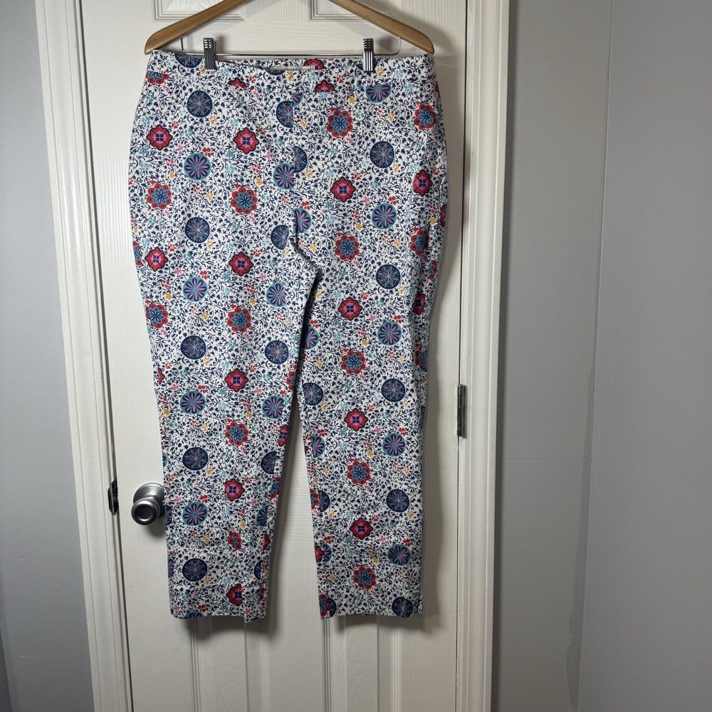 Boden Al Fresco Pants Womens 14R Blue Mid Rise Stretch Side Zip Ankle Floral